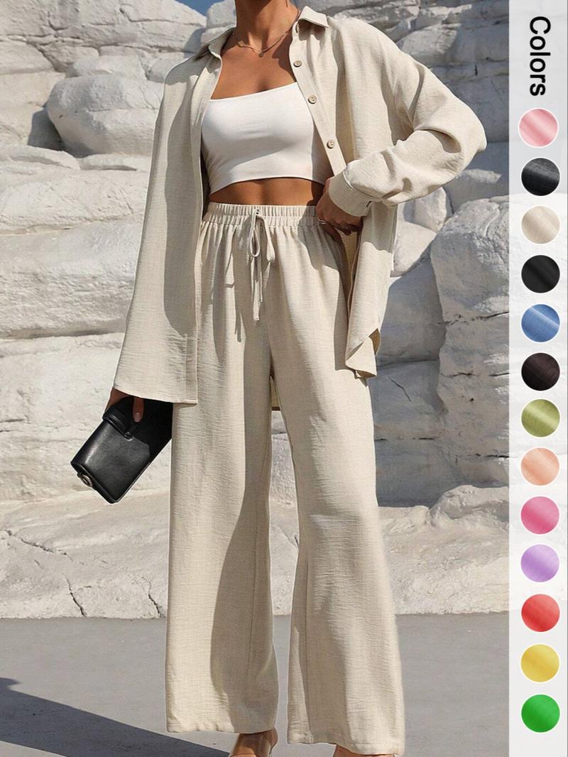 Women's Solid Button Front Shirt & Wide Leg Pants Set, Casual Two-piece Set, Women's Spring & Fall Clothes for Daily Wear, Casual Lounge Set
