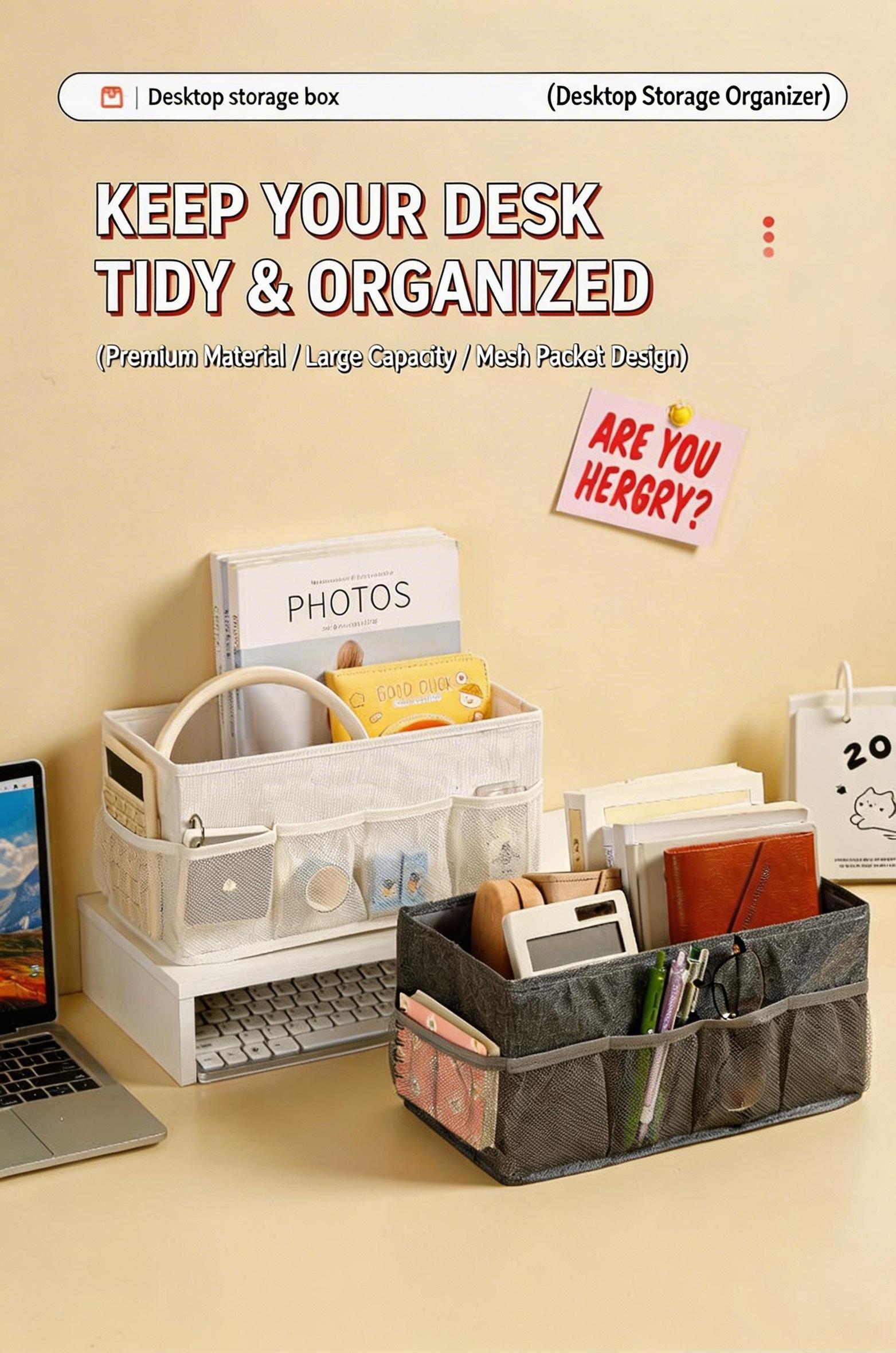 Cationic Desktop Organizer Box, Foldable Mesh Storage Bin for Cosmetics Jewelry, Solid Color Makeup Holder, Multi-Purpose Desk Tidy for Home Office