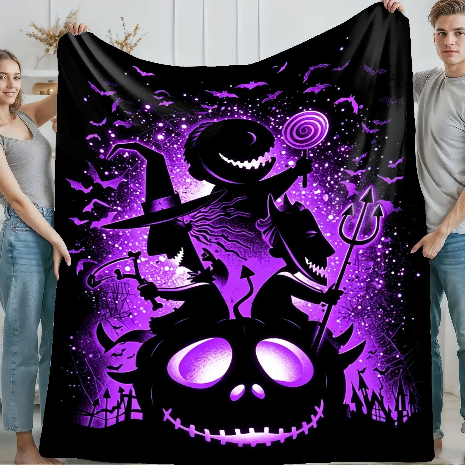 Spooky Trickster Trio Purple Halloween Knitted Throw Blanket - Silhouette Goblin Witch Devil On Giant Skull Pumpkin, Ultra Soft Warm Multi-Size Throw Blankets For Home & Dorms Indoor Use, Gothic Decor Gift, Knitted Fabric