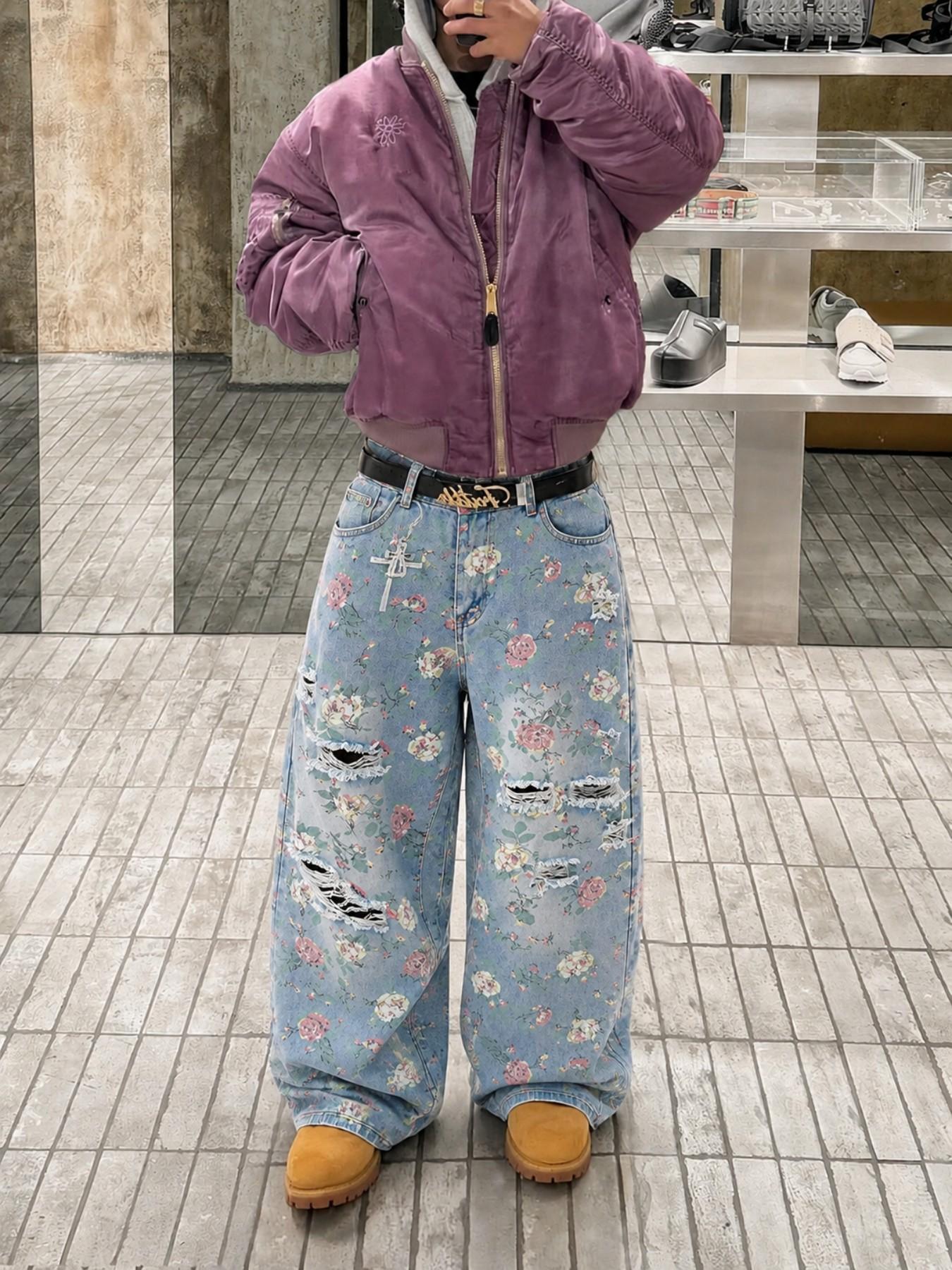 Men’s Light Blue Floral Print Baggy Jeans with Distressed Ripped Details, Wide Leg Y2K Streetwear Denim Pants