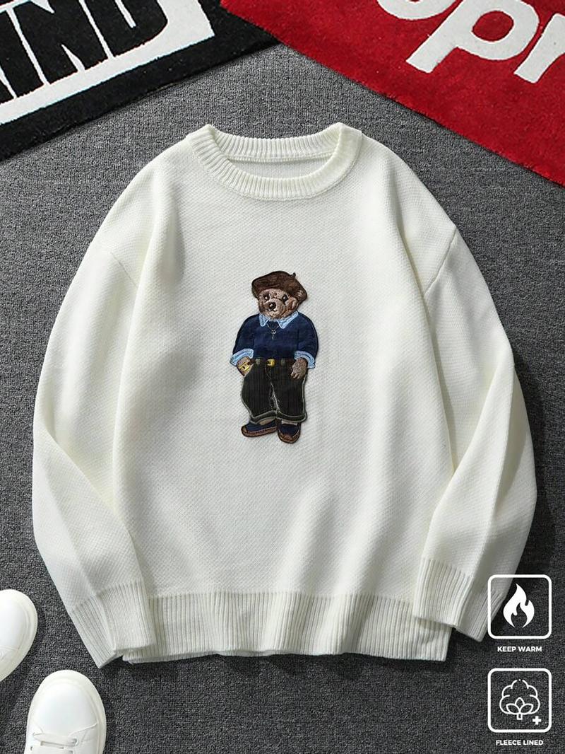 Unisex Fall Winter New Cartoon Bear Embroidered Round Neck Knit Pullover, Casual Comfy Pullover, Casual Comfortable College Style Sweater, Elegant Fashion Top