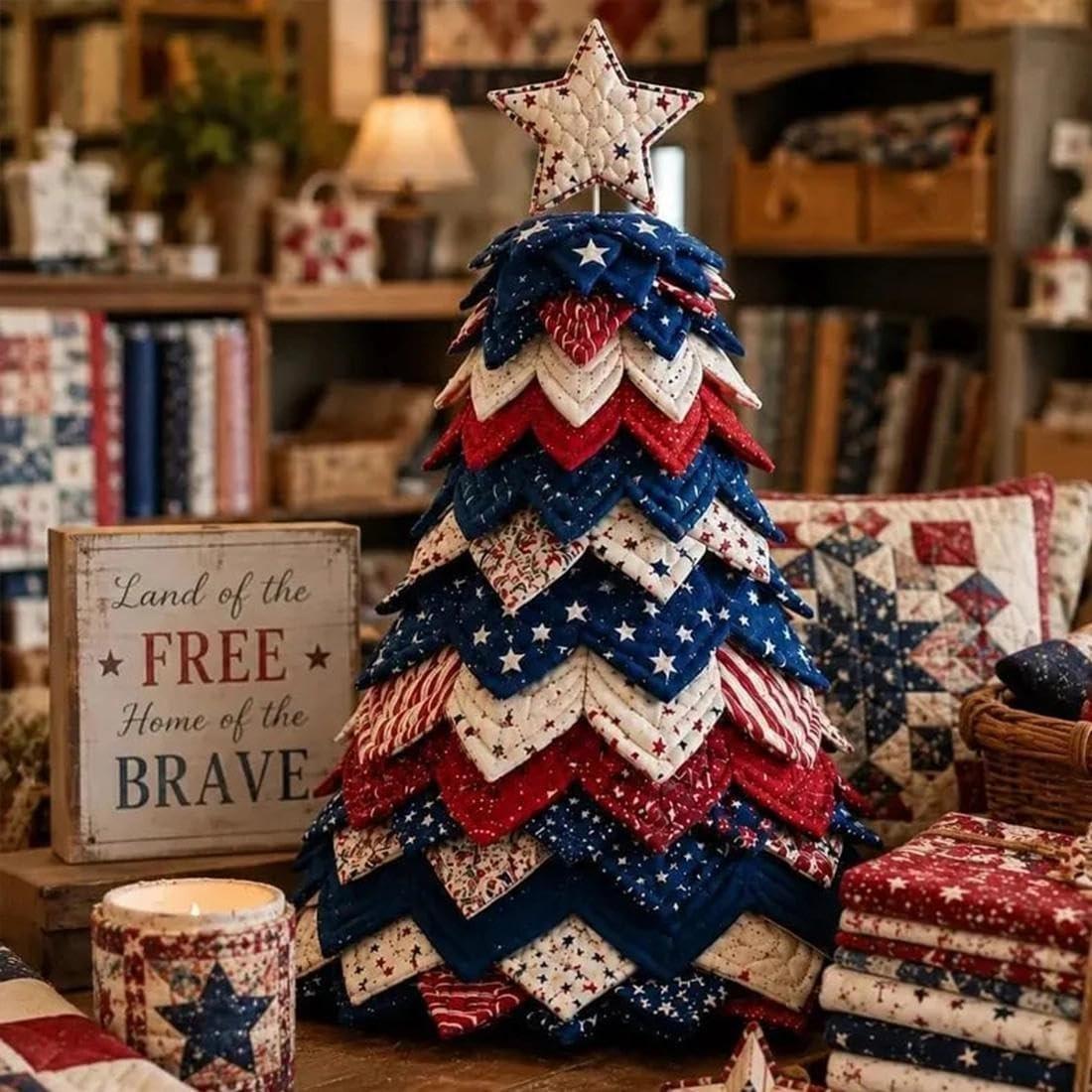 Americana Christmas Tree Quilt Kit,Christmas Patchwork Fabric DIY Kit (1PC) | Red,White,and Blue Stars & Stripes Patchwork Craft Kit for Adult Beginner,Gifts for Quilting Lover