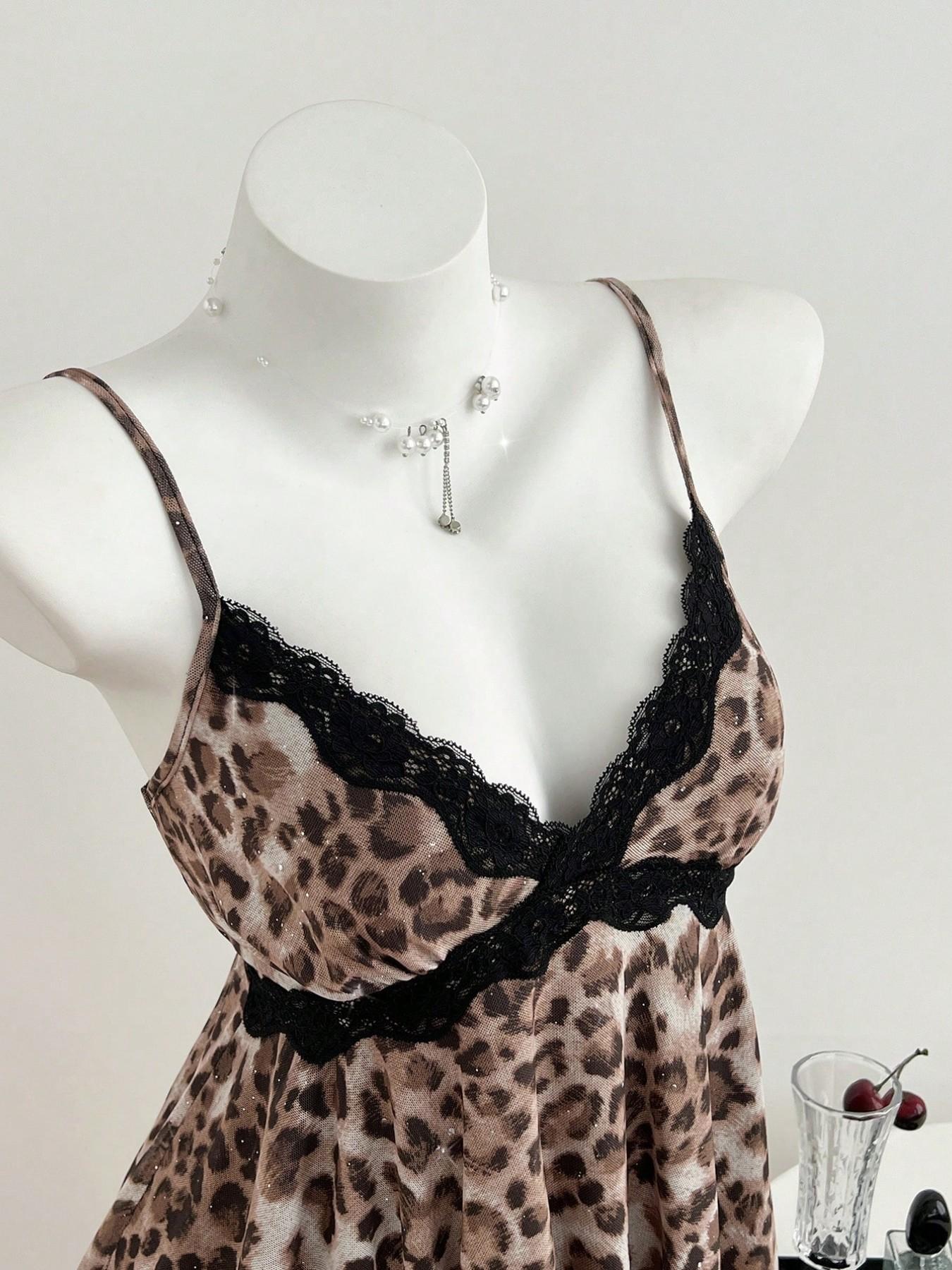 Summer New Mesh Cami Top, Fashion Y2K Style Asymmetric Hem Leopard Lace Trim, Casual Women's Backless Vest, Boho Slim Fit