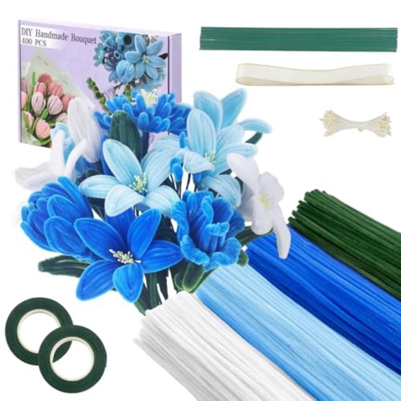 400 Root Cleaning Strips Set, 4 Colors Assorted, DIY Flower Making Kit, Includes Floral Wire, Garden Tape, Stamen, Ribbon, Chenille Strip Blue