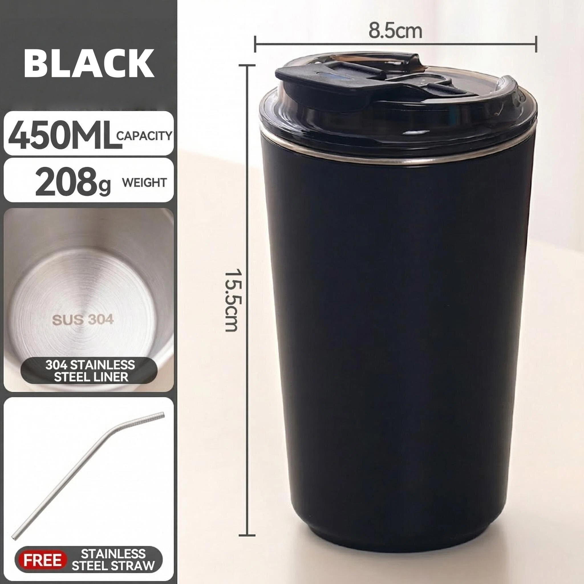 304 Stainless Steel Coffee Cup with Straw, American Cold Hot Water Cup, Office Mug, Car Portable Travel Cup, Mkb20260407