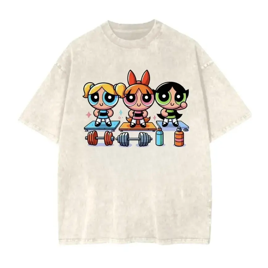 Women's Powerpuff Girls Graphic Tees - Vintage Washed Cotton Gym Top, Cute Cartoon Weightlifting Workout Clothes Products, Full Size T Shirts for Men