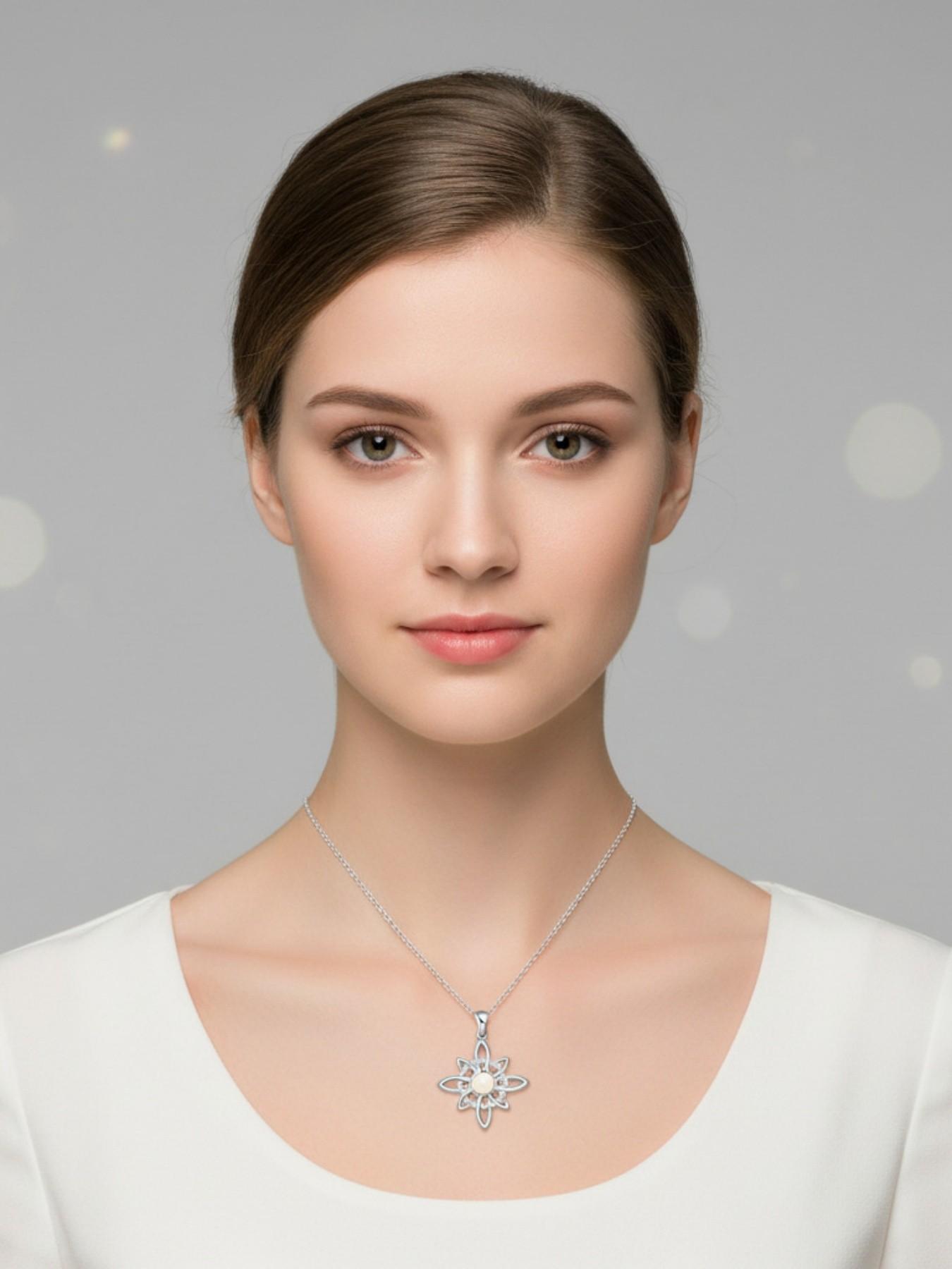 Iridescent Floral Glow · Silver Sequence Simple Celtic opal & diamond necklace.Includes a greeting card for daughter.Ideal birthday and mysterious festival gift for your daughter.