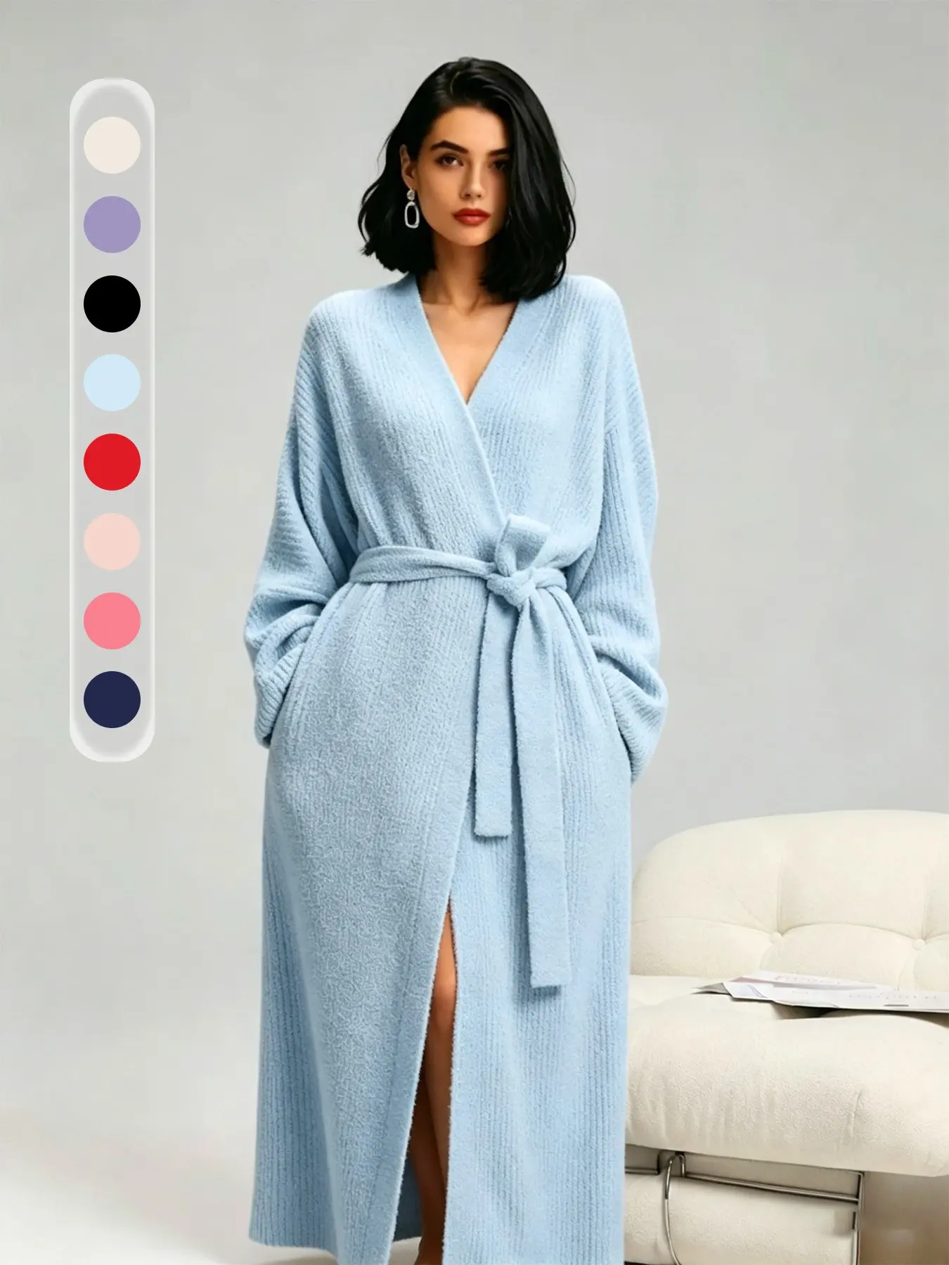 Women's Long Knit Bathrobe, Deep V Neck, Loose Fit, Side Pockets, Soft Texture, Home Wear, Loungewear, 8 Colors Available, Casual Style