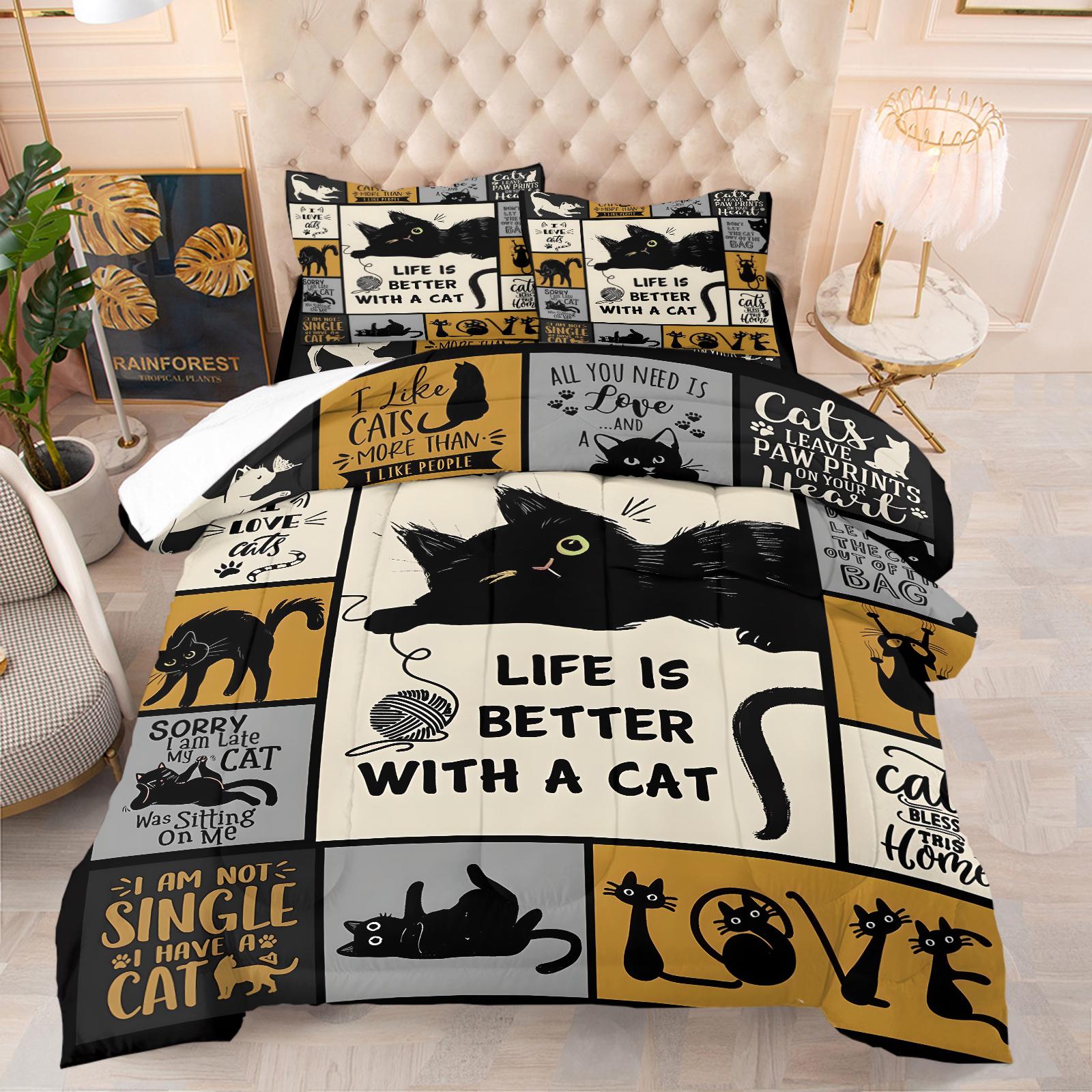 Fresh and Stylish Cat-Print Comforter Set Includes One or Two Blank Pillowcase. Multi-Color Patchwork Design Featuring Black Cats In Different Poses and Playful Slogans,Perfect Bedroom Bedding Soft, Comfortable Bedding Set Gift