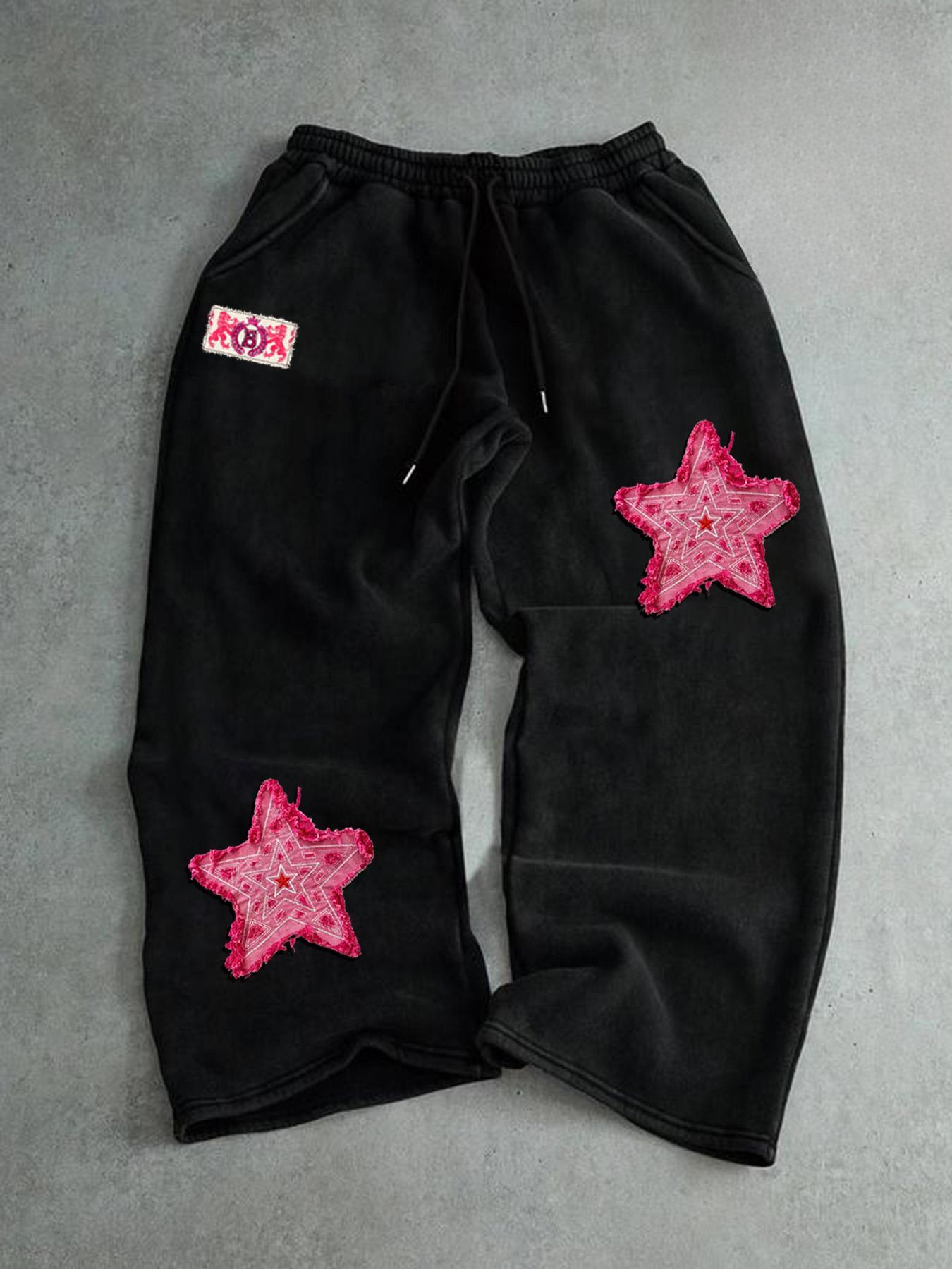 Men's Straight Leg Pants with Star Embroidery Patch, Casual Fashion Long Trousers, Comfortable Fit for Daily Wear, Casual Pocket Trousers