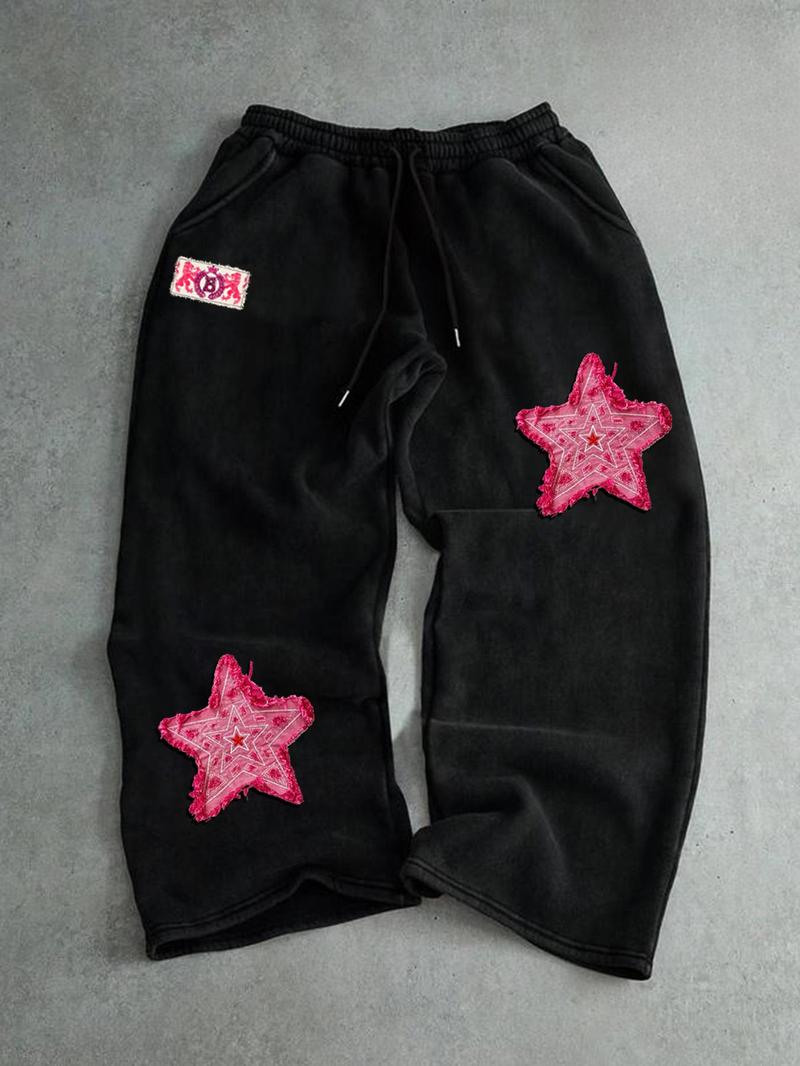 Men's Straight Leg Pants with Star Embroidery Patch, Casual Fashion Long Trousers, Comfortable Fit for Daily Wear, Casual Pocket Trousers