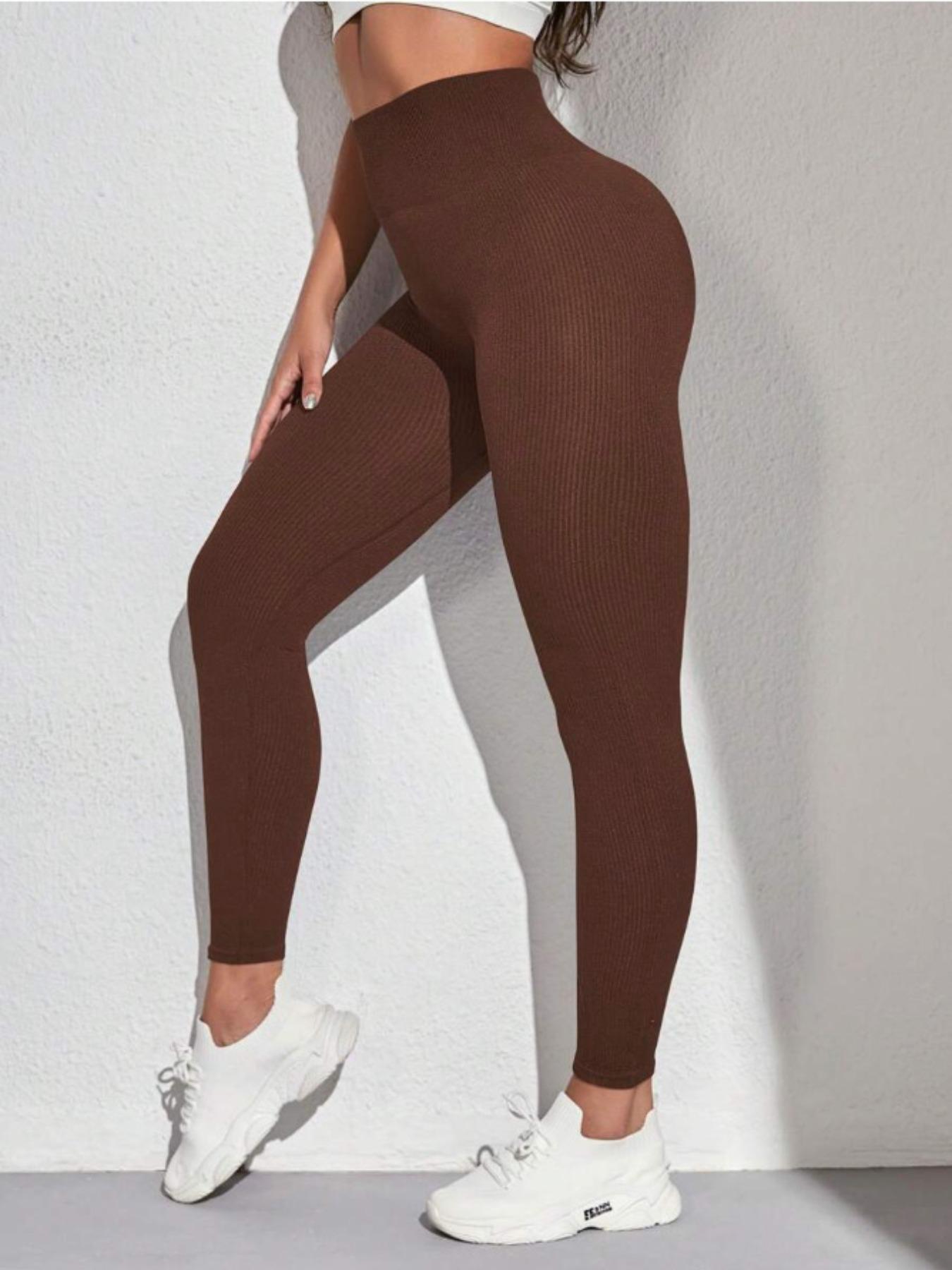Women's Solid High Waist Sports Leggings, Sporty Comfy Breathable Ribbed Skinny Pants for Yoga Gym Workout, Ladies High Waisted Sportswear for All Seasons