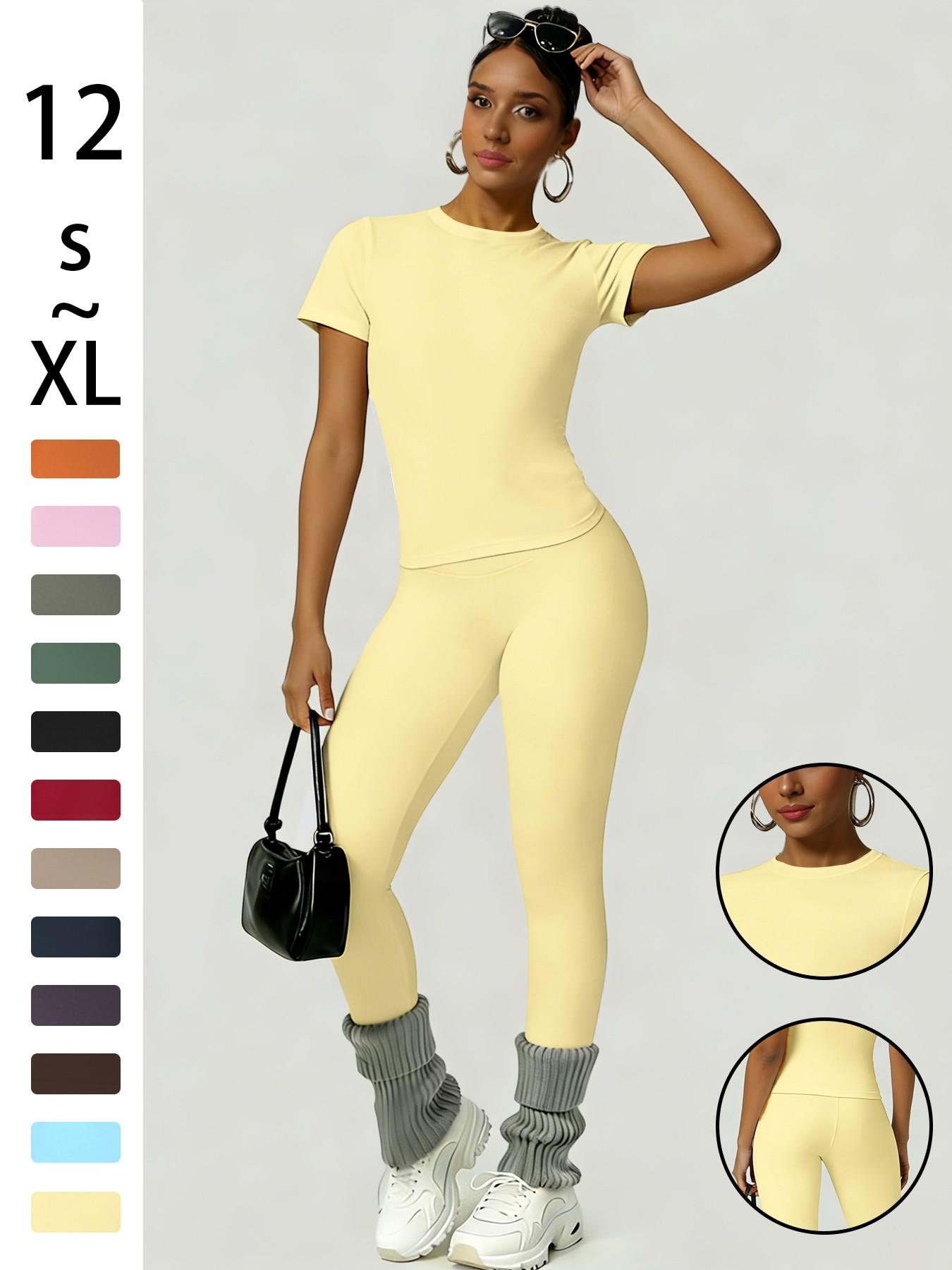 Women's Slim-Fit Round Neck Short Sleeves Top & High-Waisted Yoga Pants Sportswear Set, Ideal for Gym Running and Outdoor Activities