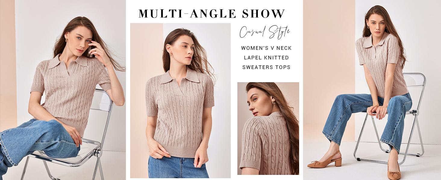 Goranbon Women's Cable Short Sleeve Sweaters Tops Solid Lapel V Neck Knit Casual Soft Pullover Shirt