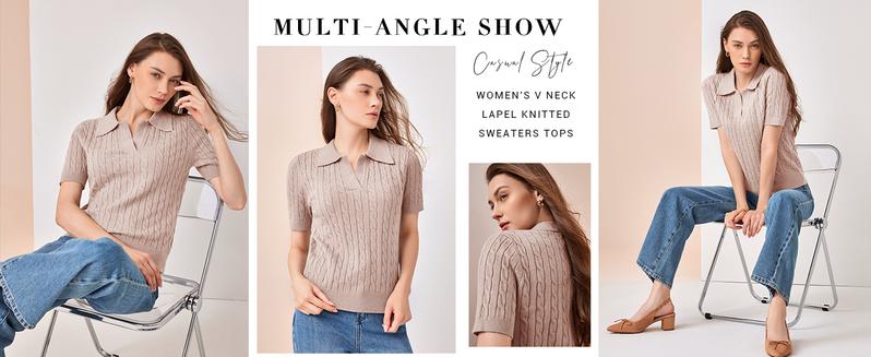 Goranbon Women's Cable Short Sleeve Sweaters Tops Solid Lapel V Neck Knit Casual Soft Pullover Shirt