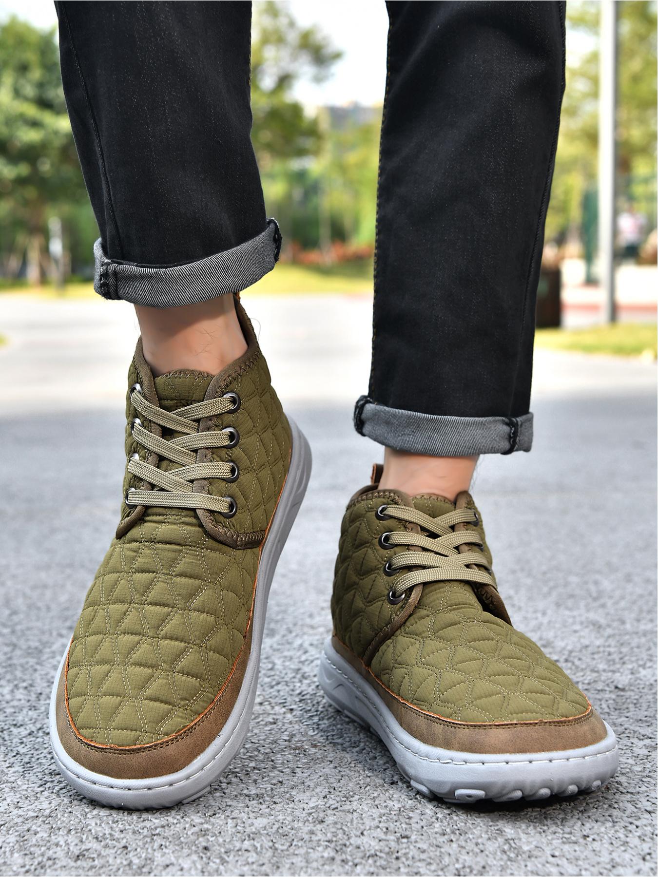 Men's Solid Color Quilted High-Top Casual Shoes, Lightweight Non-Slip Outdoor Commuter Shoes, Soft Sole Sports Sneakers