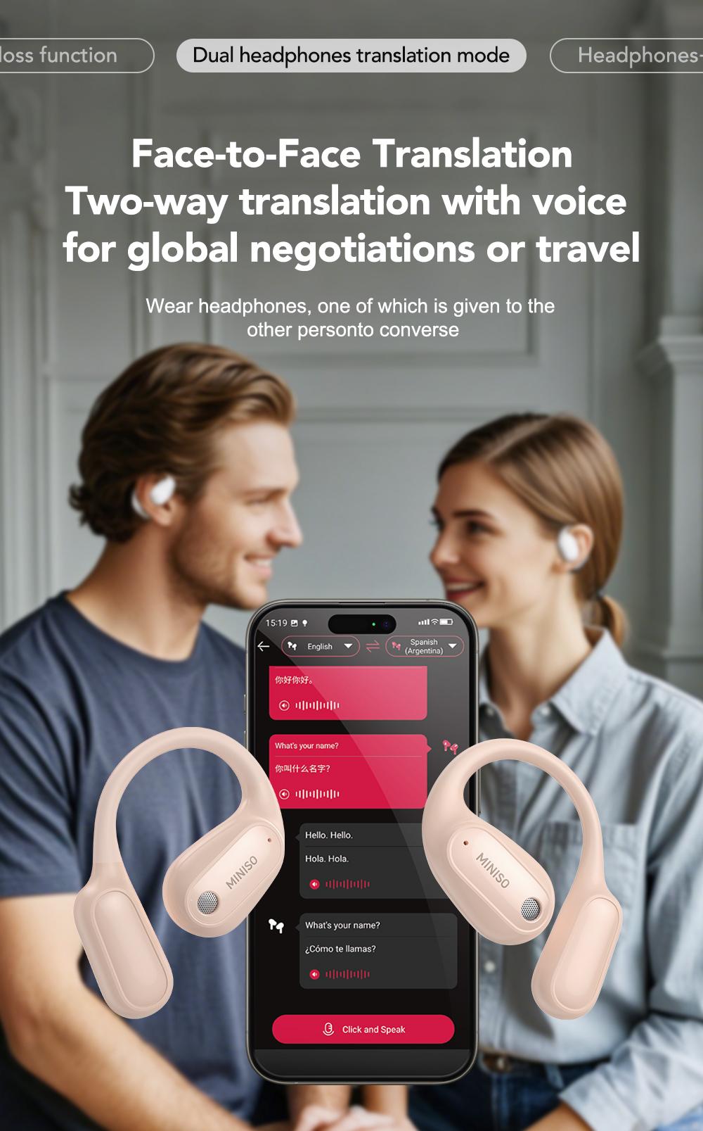 MINISO MS190 Translation Earbuds, Supports Real-Time Translation in 134 Languages With APP, Bluetooth 6.0 Earphones, Audio Wireless Earbuds for Music & Phone Calls, IPX5 Waterproof Sports Electronic Headphones with Long Endurance
