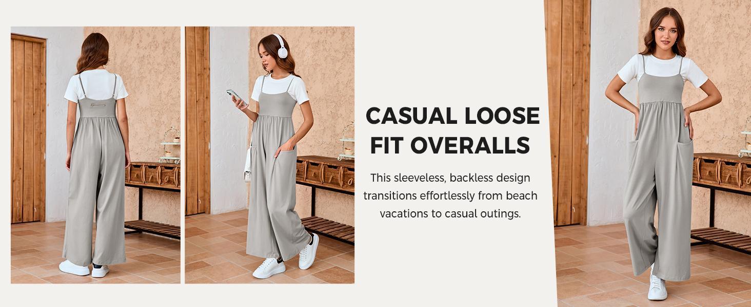 Imily Bela Womens Summer Jumpsuits One Piece Casual Loose Overalls Spaghetti Strap Wide Leg Rompers with Pockets Workout Outfits