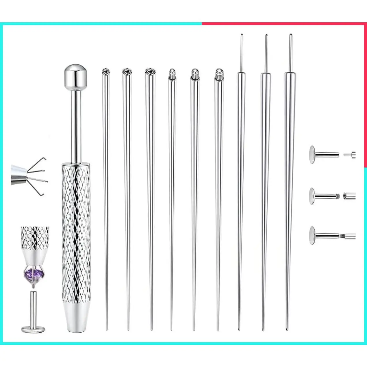Professional Body Piercing Insertion Taper Tool Kit - 14G 16G 18G 20G Stainless Steel Flat Back Earring Applicator, Threadless Pin & Threaded Ball Grabber for Ear, Nose, Lip Jewelry