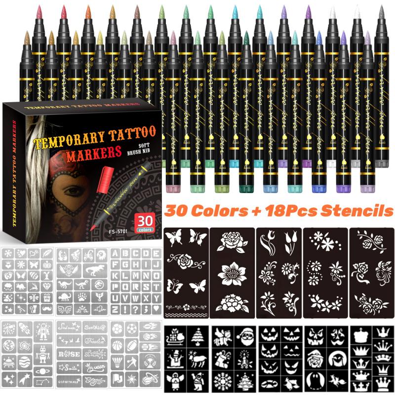 Temporary Tattoo Markers for Skin, 10/15/30-Count Body Markers 10/15/30 Colors Tattoo Pens, Tattoo Stencils,Flexible Brush Tip, Bright colors, Face Paint Kit Cosmetic Quality,Halloween makeup