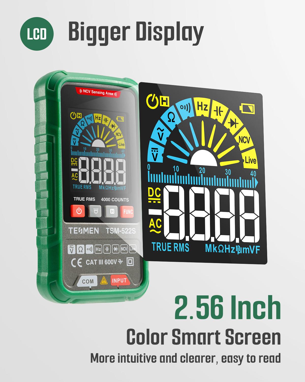 TESMEN TSM-522S Smart Digital Multimeter, 4000 Counts, Auto-Ranging Voltmeter, Non-Contact Voltage test, Measure AC/DC Voltage, Resistance, Capacitance, Frequency, Live Wire, Diode Test, Continuity