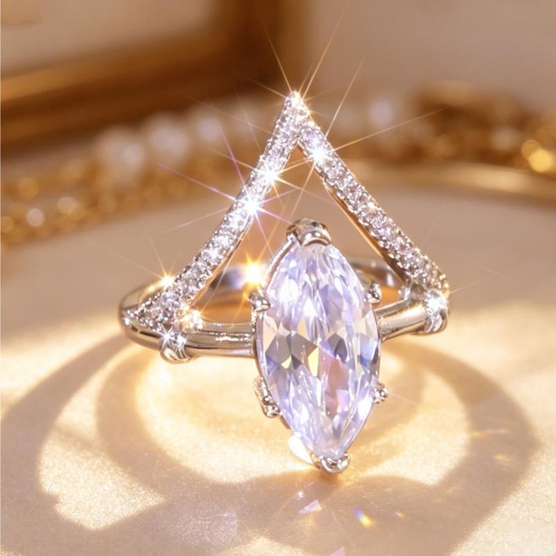 Marquise-Cut Center Stone Triangle Pave Statement Ring, Geometric Open-Frame Accent Fashion Ring, Unique Modern Ring for Women Valentine Gift Christmas Holiday Evening Party