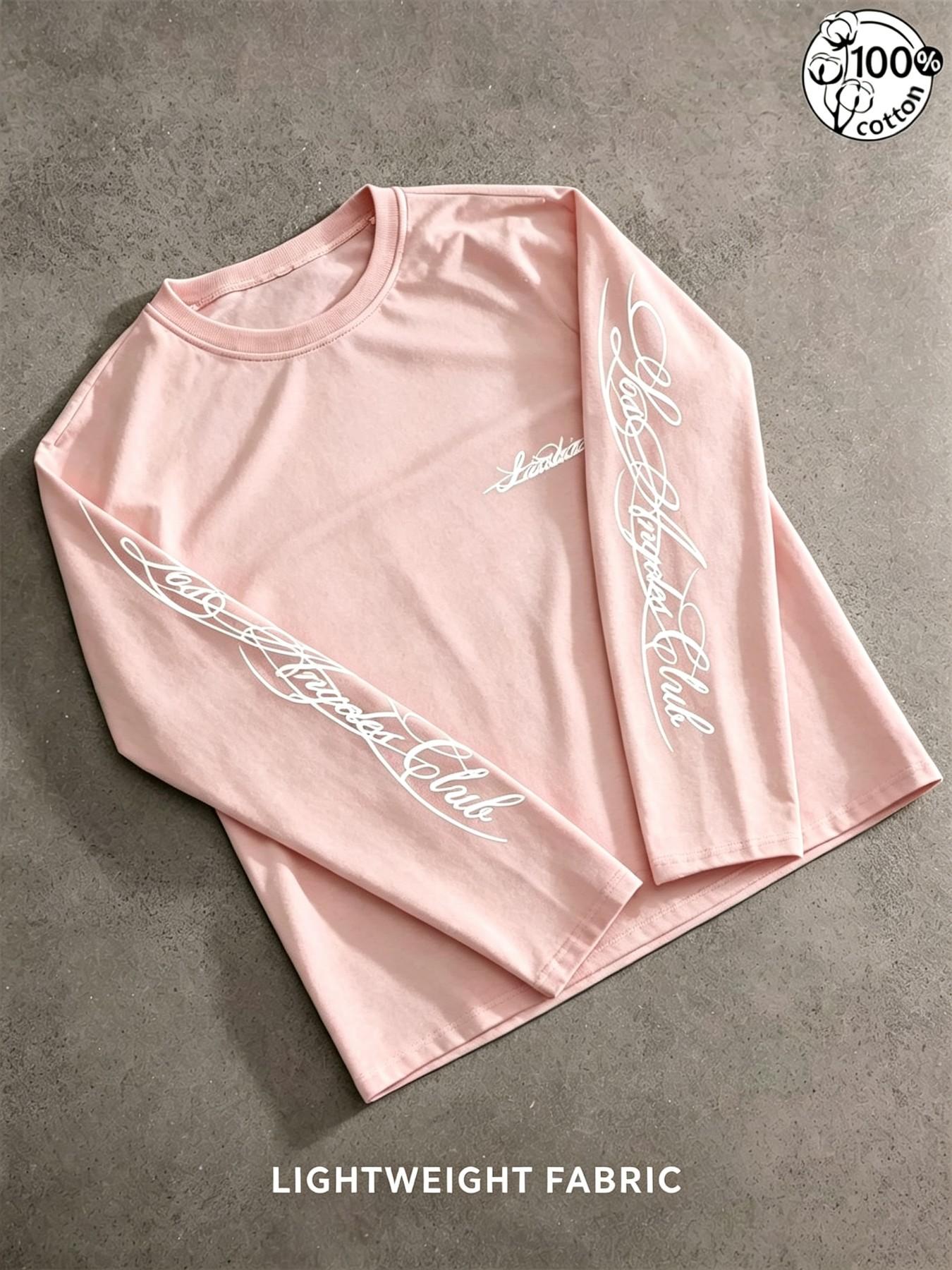 Unisex 100% Cotton Multi-Color Vertical Sleeve Script Lettering Long Sleeve Tee Mini Chest Logo Chicano American Streetwear Oversized Casual Top