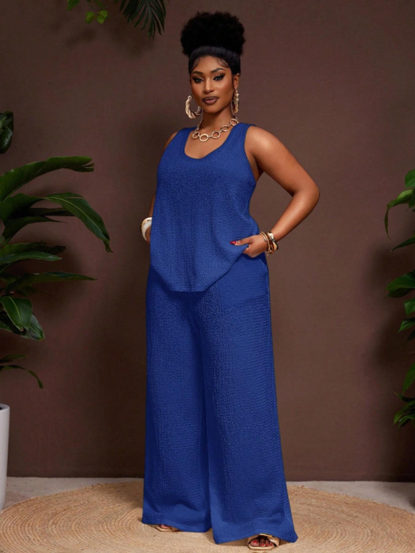 Plus Size Women's Comfortable U-Neck Sleeveless Solid Top with Pockets, Loose Fit Textured Tank, Wide Leg Pants, Business Casual Chic Womenswear Set