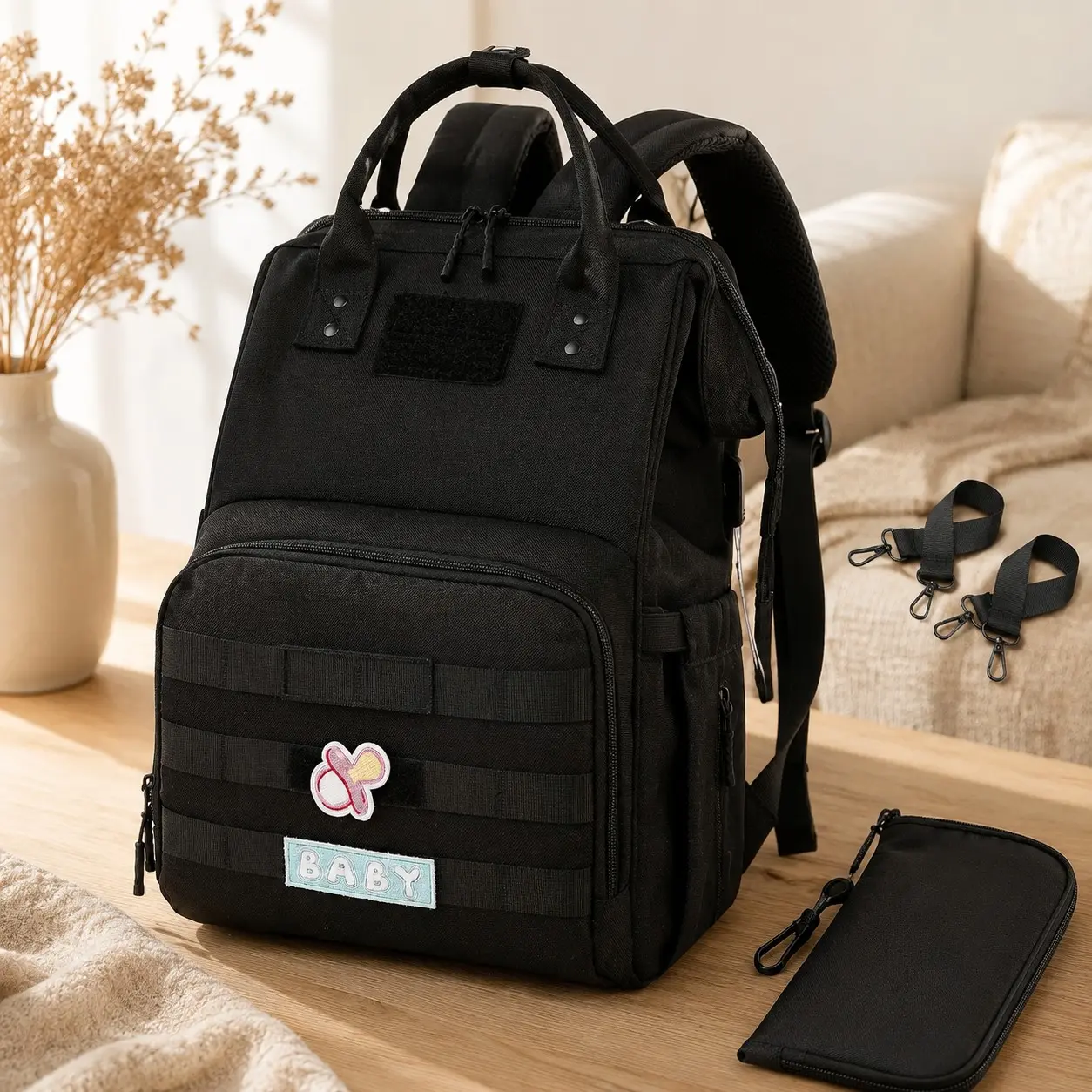 Diaper Bag Backpack with USB Charging Port Stroller Straps and Insulated Pocket Army Military Travel Nappy Backpack for Dad and Mom Black
