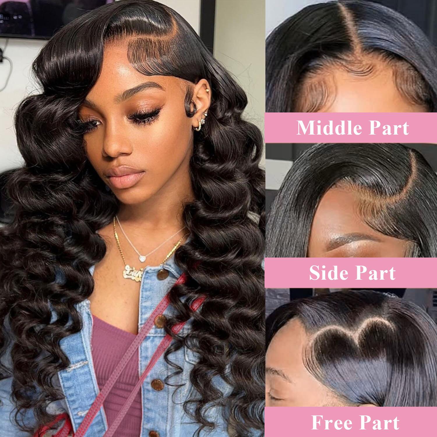 Loose Deep Wave Lace Front Wigs Human Hair 200 Density Glueless Wigs for Women Blended Hair Loose Wave 13x4 HD Transparent Lace Front Wigs Pre Plucked with Baby Hair Natural Black Color