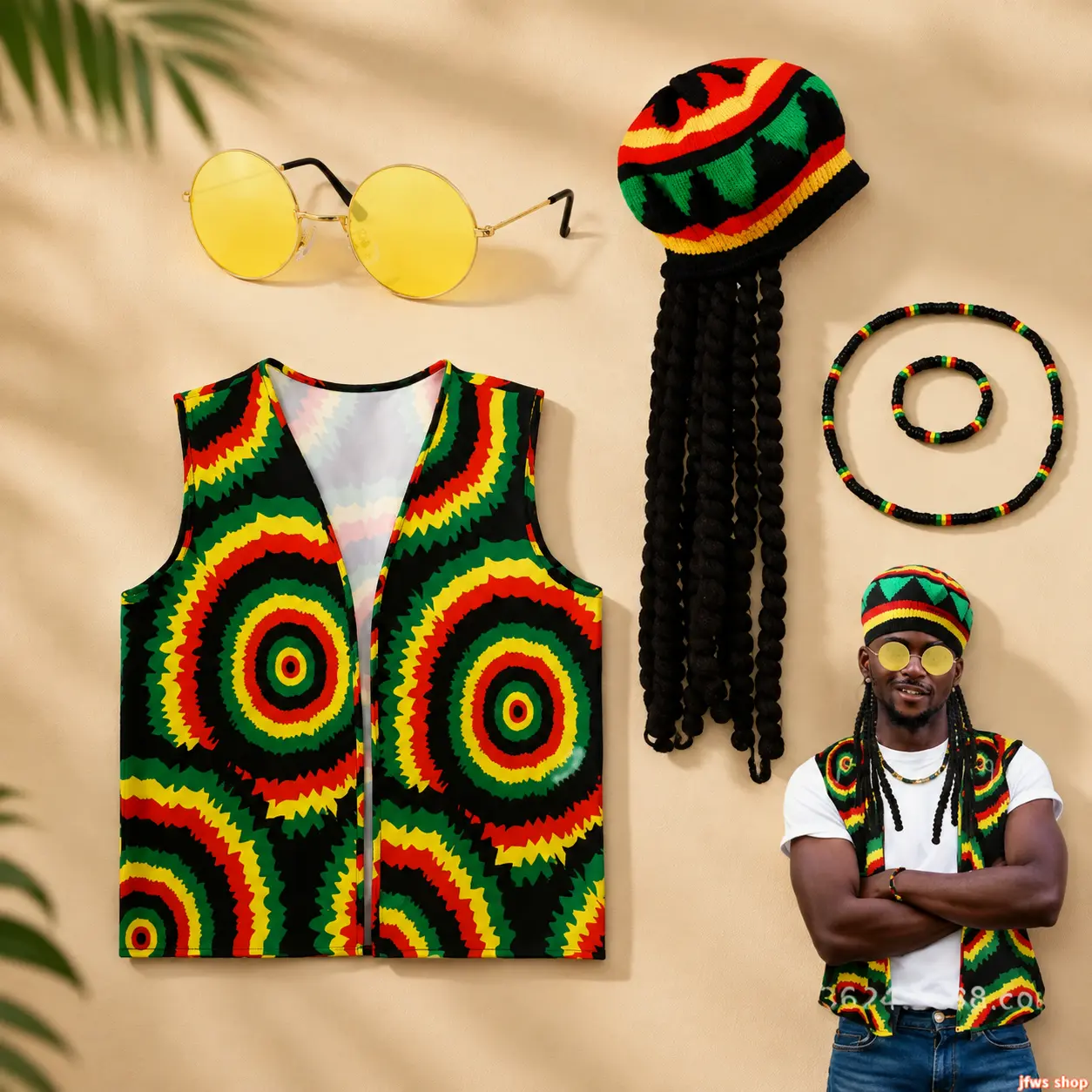 4Pcs Reggae Costume Set Rasta Dreadlocks Wig Hat Glasses Bracelet Caribbean Party Halloween Dress Up Accessories for Adults