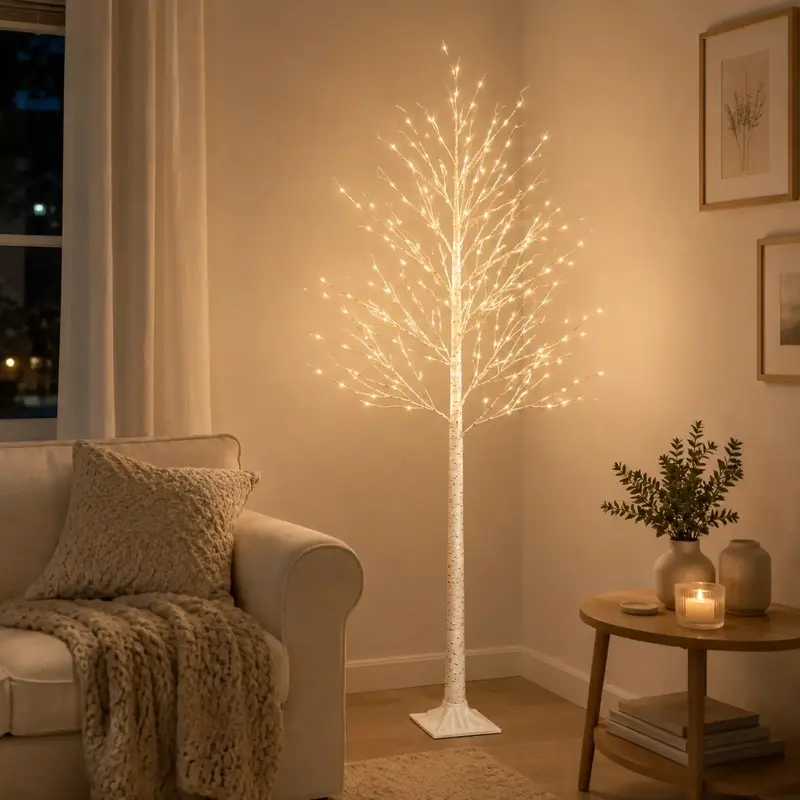 Realistic High-Gloss LED Birch Tree Lights (4 ft./5 ft./6 ft.) - Remote-controlled dimming, USB-, 8 lighting modes, 0–5 watts, plastic body, modern minimalist style, Halloween decorations, suitable for fireplaces and as floor lamps for home decor