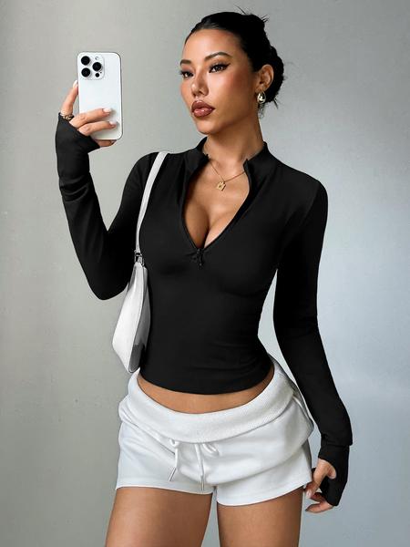 Women's Half-Zip Thumb Hole Sports Jacket, High Elastic Breathable Comfort Fashion Yoga Top, Stand Collar Outerwear Sportswear, High Elasticity Jacket