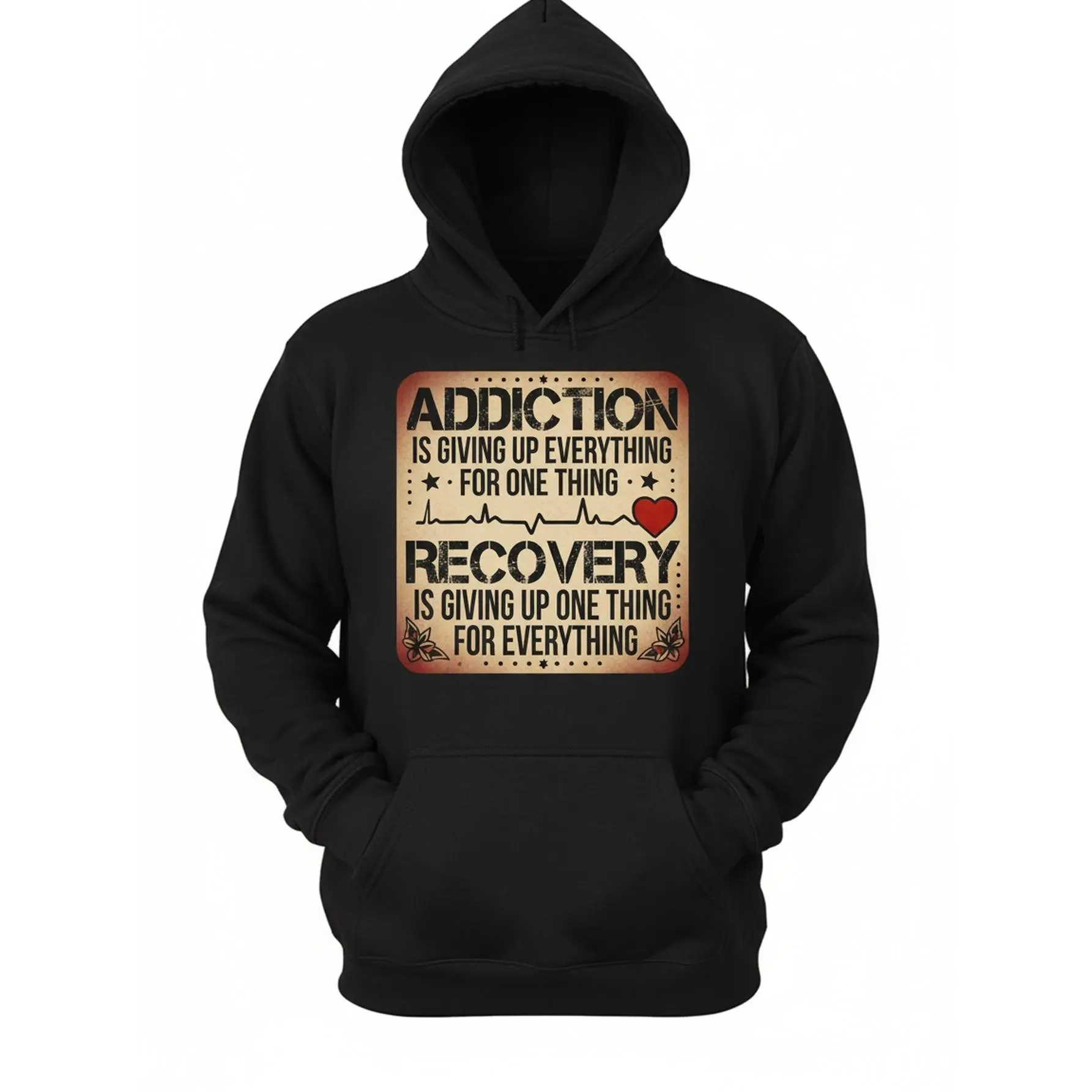 Retro-inspired Addiction-themed Durable Hoodie with an "Addiction and Recovery" Print, Suitable for Gym, Outdoor, and Casual Attire.Unisex Design (Christmas and St. Patrick's Day Gift).