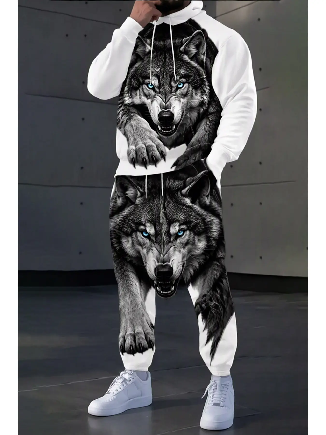 Men's 3D Wolf Print Hoodie Tracksuit, 2 Pieces Set, Cool Blue Eyes Wolf Graphic Hooded Sweatshirt + Jogger Pants, Casual Streetwear Outfit
