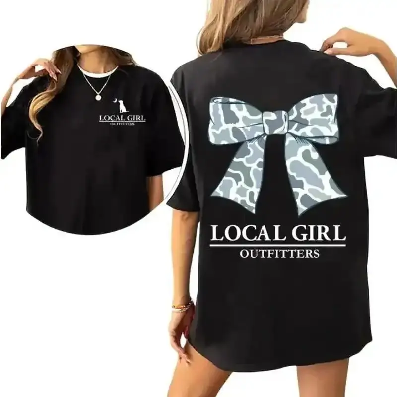 Local Girl Outfitters Women's Camo Bow Round Neck T-Shirt - Cotton-Spandex Fabric, Oversized Printed Southern Graphic Top, Trendy Fall Rodeo Wear, Comfort Colors Casual Streetwear