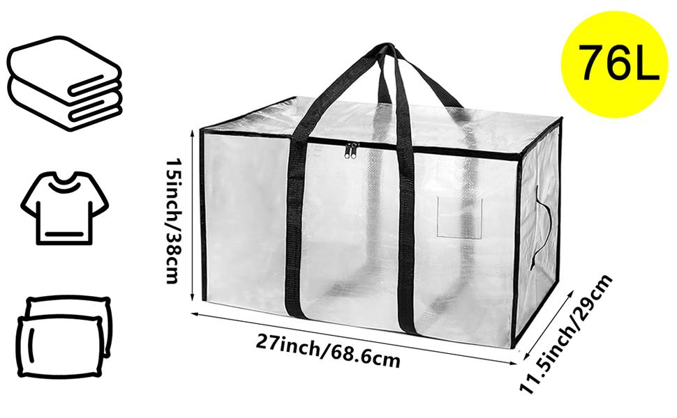 4-Packs Large Moving Bags, Waterproof with Handles & Zippers Bags for Clothes Packing, Dorms, College Supplies, Saving, Clear