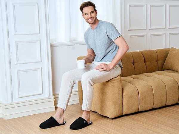 EverFoams Men's Cotton Knit Slippers Lightweight Memory Foam Indoor House Shoes with Anti-Skid Sole