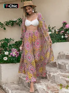 Women's Tribal Pattern Pants Two Piece Set, Bohemian 3/4 Sleeve Open Front Top with Palazzo Pants, Summer Outfits 2024, Boho 2 Piece Outfits for Women, Fashion Pants Set