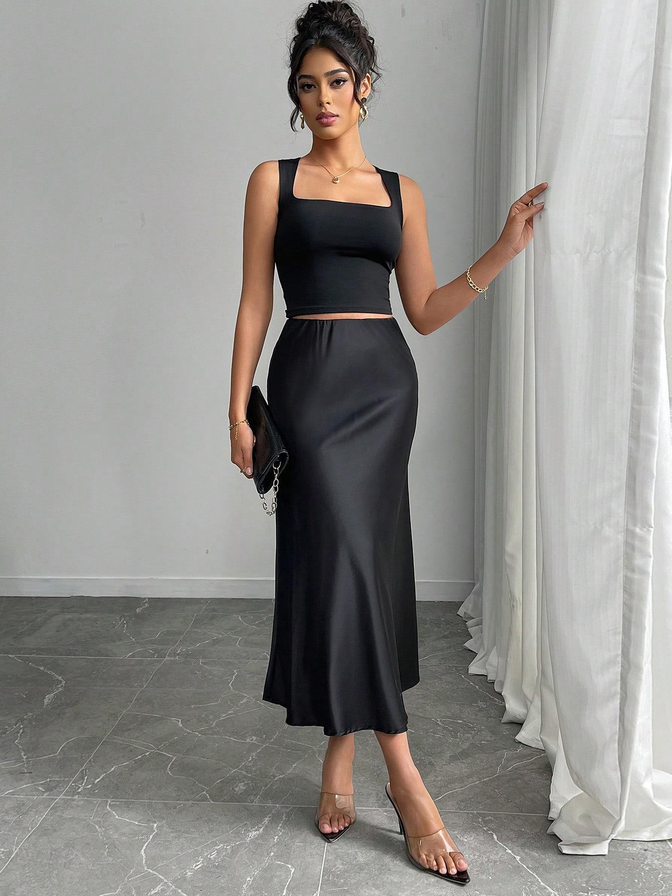 Elegant High Waist Satin Midi Formal Fashion Skirt, Spring & Fall Fashion, Slimming Solid Color Design, Women's Stylish Clothing