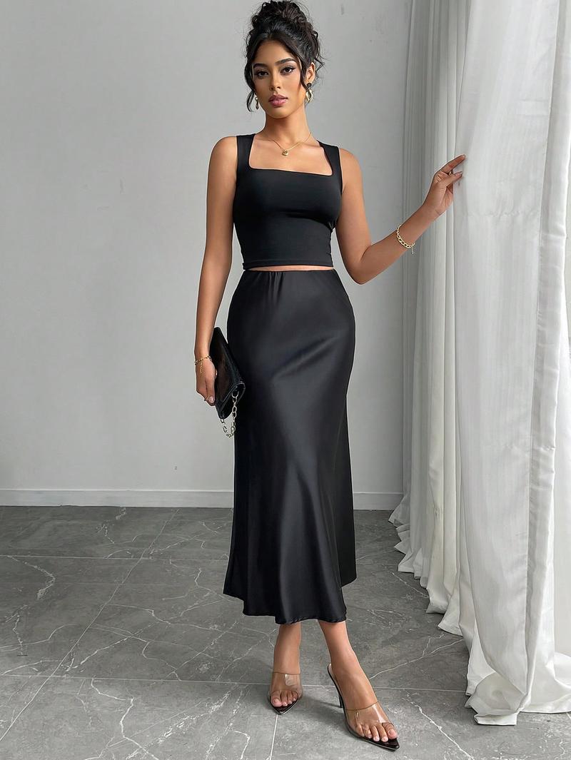 Elegant High Waist Satin Midi Formal Fashion Skirt, Spring & Fall Fashion, Slimming Solid Color Design, Women's Stylish Clothing