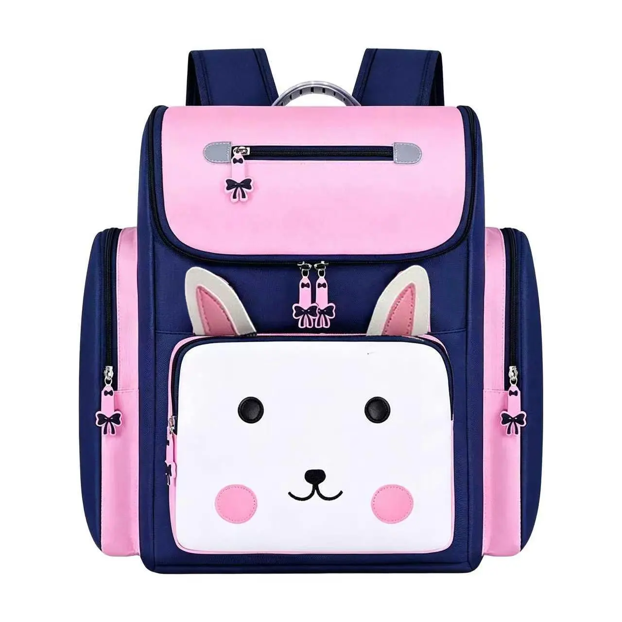 British Style Color Block Student Backpack, Cute Rabbit School Bag, Bunny Backpack, School Backpacks, Multi-Layer Large Capacity, Adjustable Straps, Reflective Safety Strip, Backpack for School