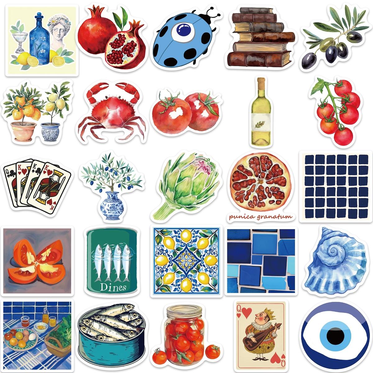 Mediterranean Food Sticker, 50pcs Cartoon Mediterranean Tomato Food Vinyl Decals for Decor Laptops, Aesthetic Cute Lemon Labels Sticker for DIY Scrapbook