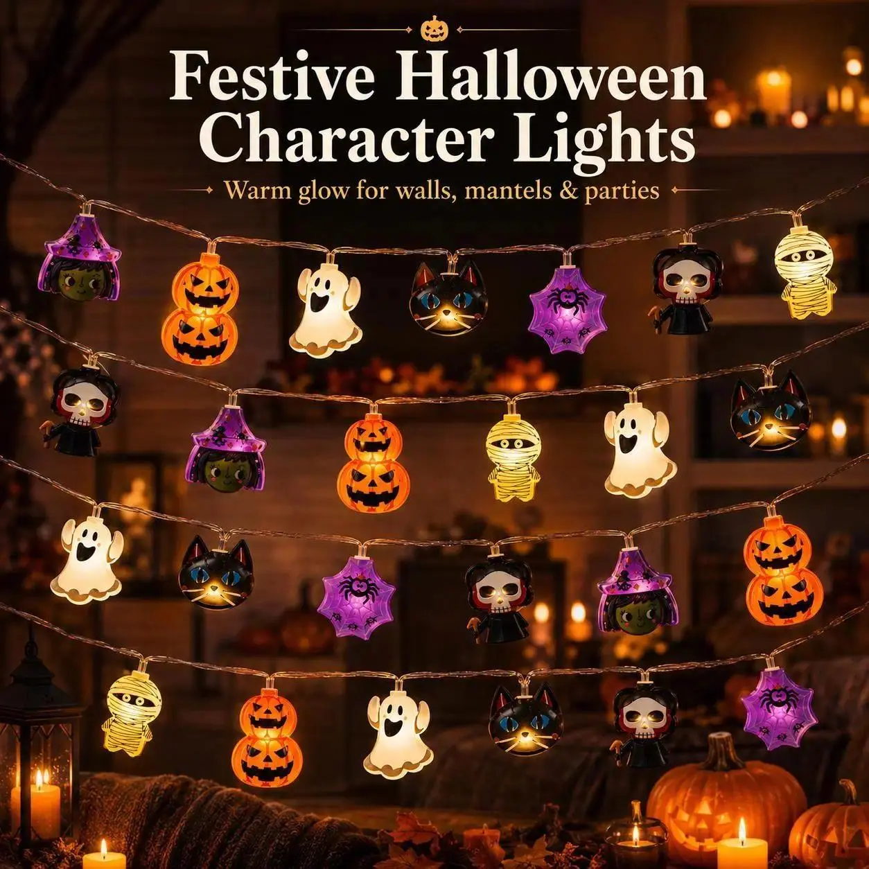 59.06-118.11 Inch Halloween String Lights, Cute Pumpkin Ghost Black Cat Witch Mummy Character Lights, Warm Glow Indoor Halloween Decorations for Bedroom, Mantel, Wall, Party, Shelf and Spooky Season Home Decor