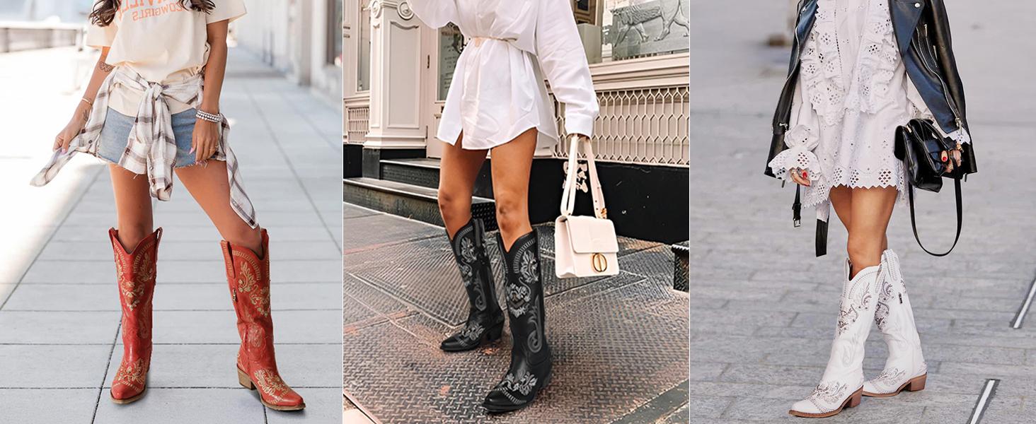 【Rodeo Boots】Wranglette Women's Embroidered Western Cowboy Boots Floral & Rhinestone Embellished Knee-High Cowgirl Boots, Pointed Toe & Block Heel Trendy Country, Festival, Party & Casual Footwear for Fashionistas into Vintage Western Style