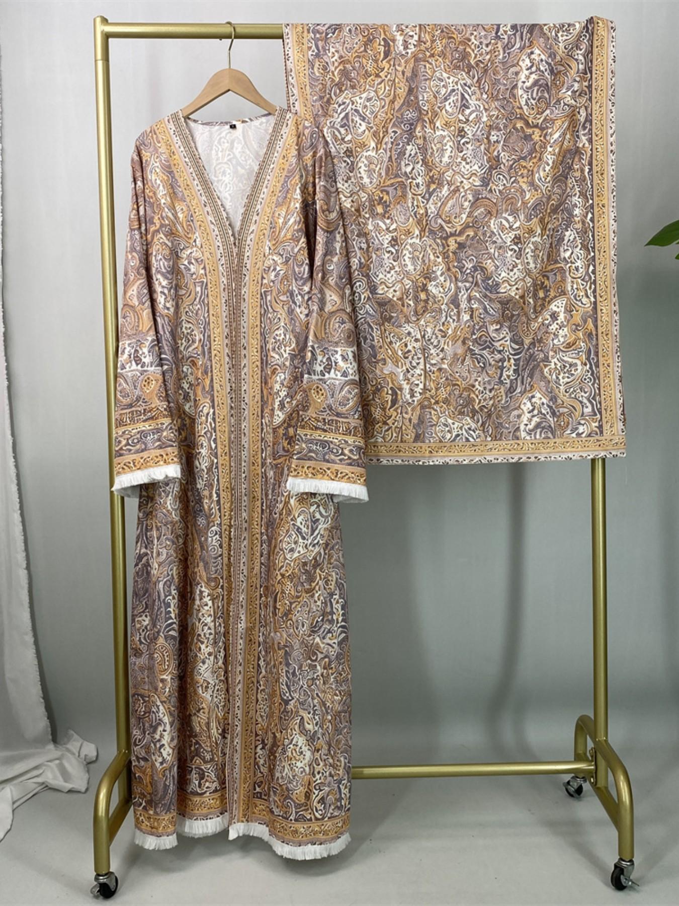 [ Includes Hijab]  Printed Abaya Set, Polyester Fabric, Wrinkle-Resistant, Wide Sleeves with Fringe, Available in 5 Sizes#PashminaAbaya #PolyesterAbaya #PrintedAbaya #TwoPieceAbaya #HijabFashion