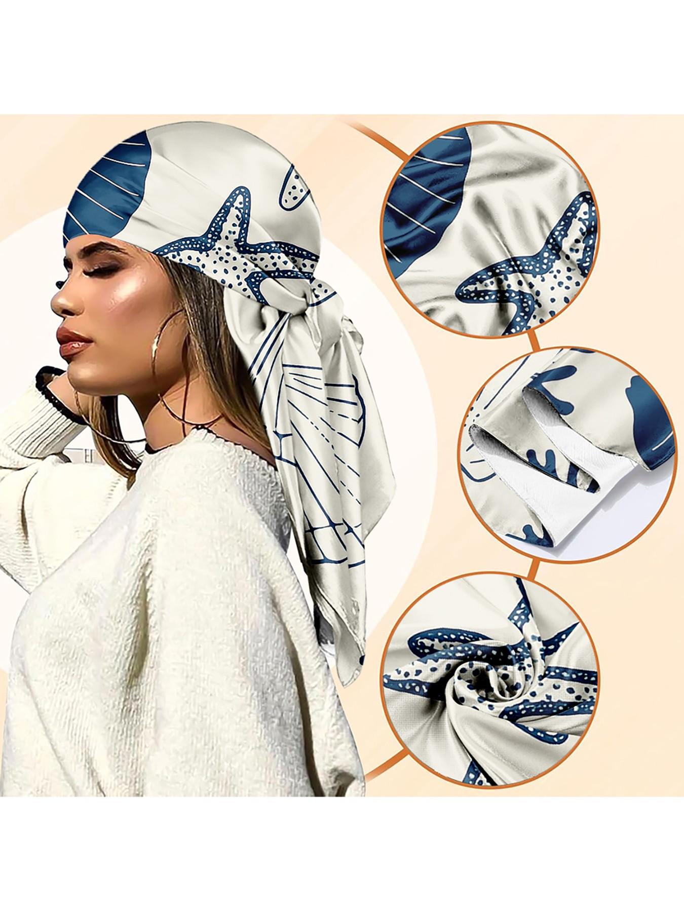 Blue Nautical Shell Star Satin Towel for Women, Beach Vacation Essential, Summer Coastal Accessory, Retro Hair Scarf, Square Scarf