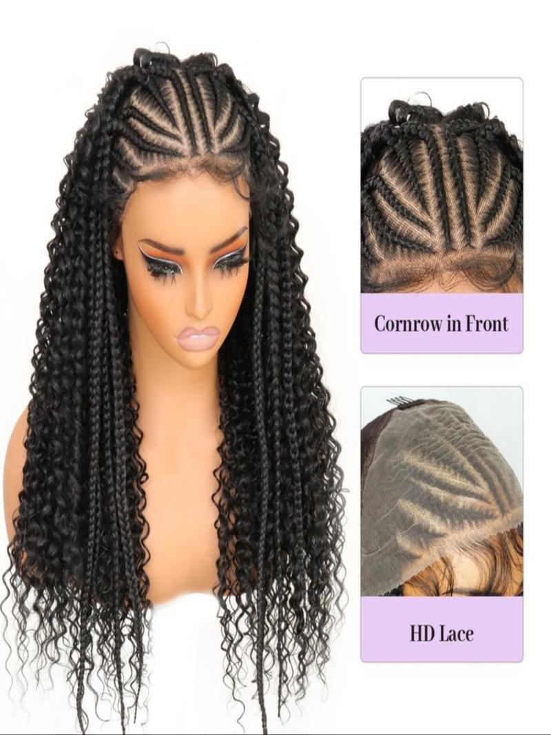 13x6 HD Lace Frontal Half-Braided Curly Wigs, Synthetic Braids Half-Cornrows Half-Curly Wig with Baby Hair, Pre-Styled Braid Wigs, 18 Inch