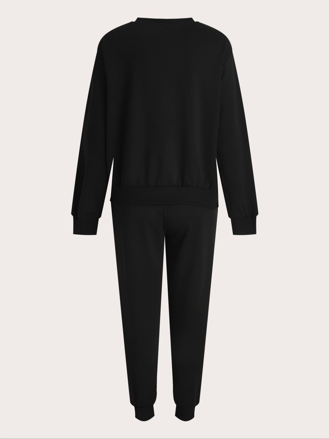 Women's 2-Piece Sweatshirt Set, Milano Letter Print, Long Sleeve Round Neck, Fitted, Drawstring Pants, Casual Fall Winter