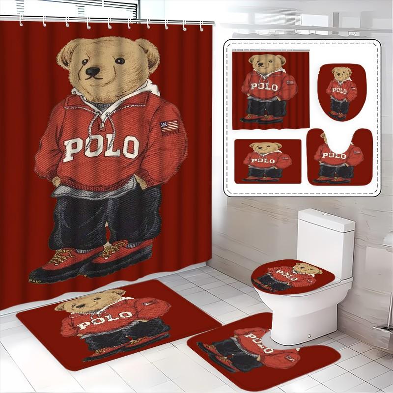 Vintage Bear Polo Shower Curtain Set, Home Bathroom Gift, Includes 12 Hooks, Non-Slip Bath Mat, U-Shaped Toilet Lid Pad